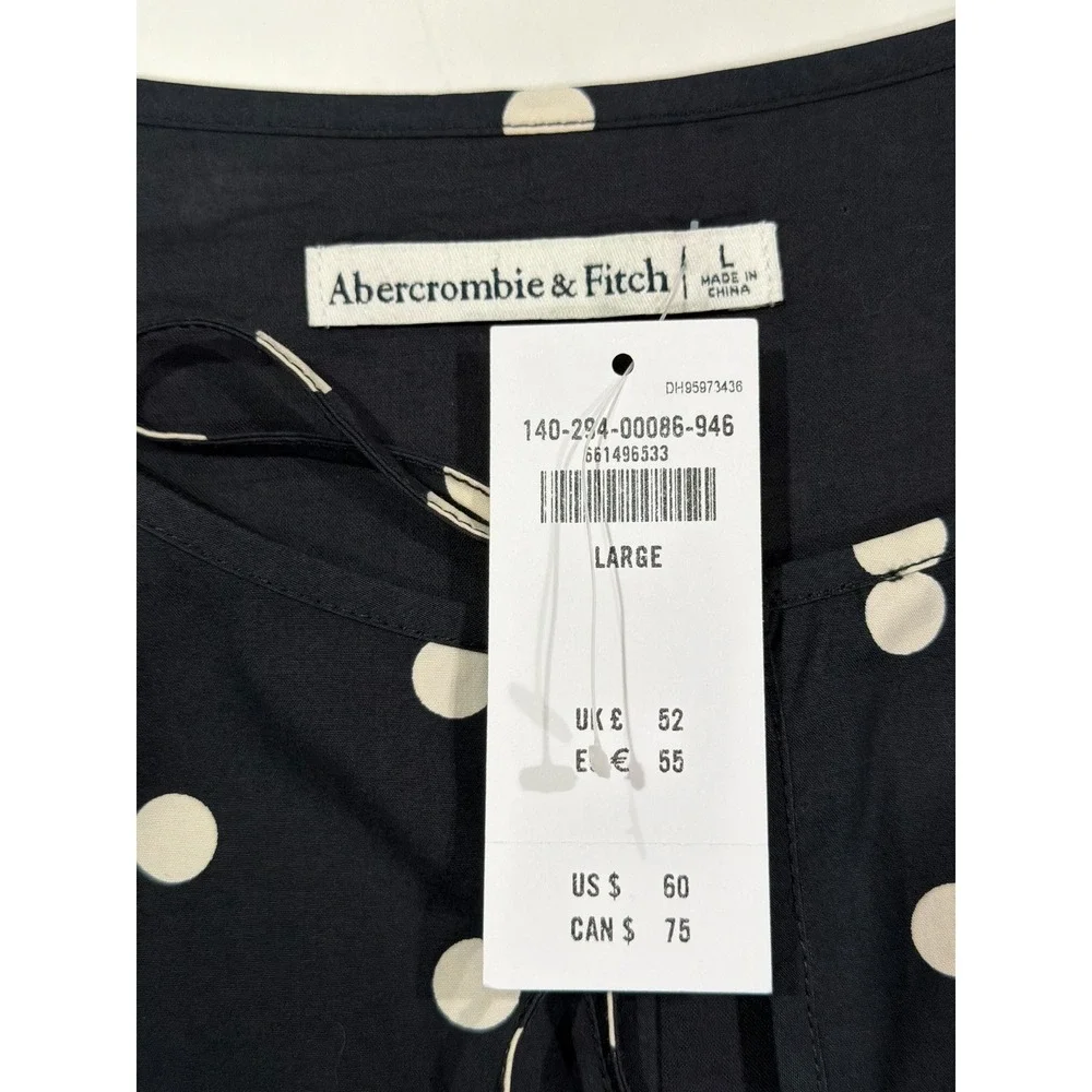 Abercrombie & Fitch Polka Dot Tie-Front Puff Sleeve Cotton Blouse Black Large
